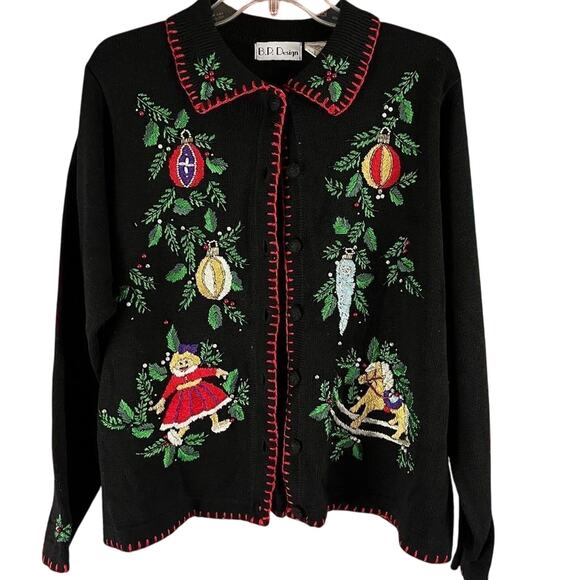 Vintage Embroidered Beaded Christmas Cardigan Sweater B.P. Design Size Large - Picture 1 of 9